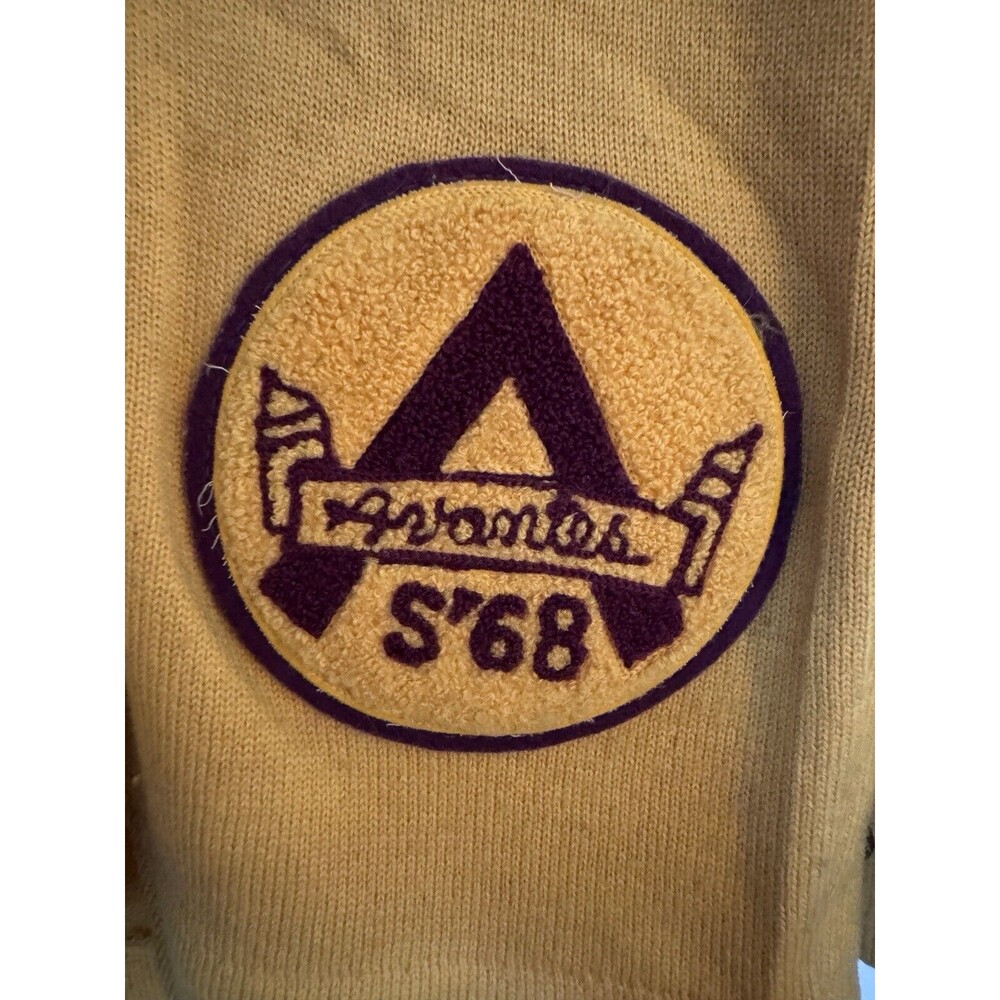 Vintage 1968 Grewe 100% Wool Yellow Red High School Varsity Sweater Avantes Reed - Picture 5 of 13